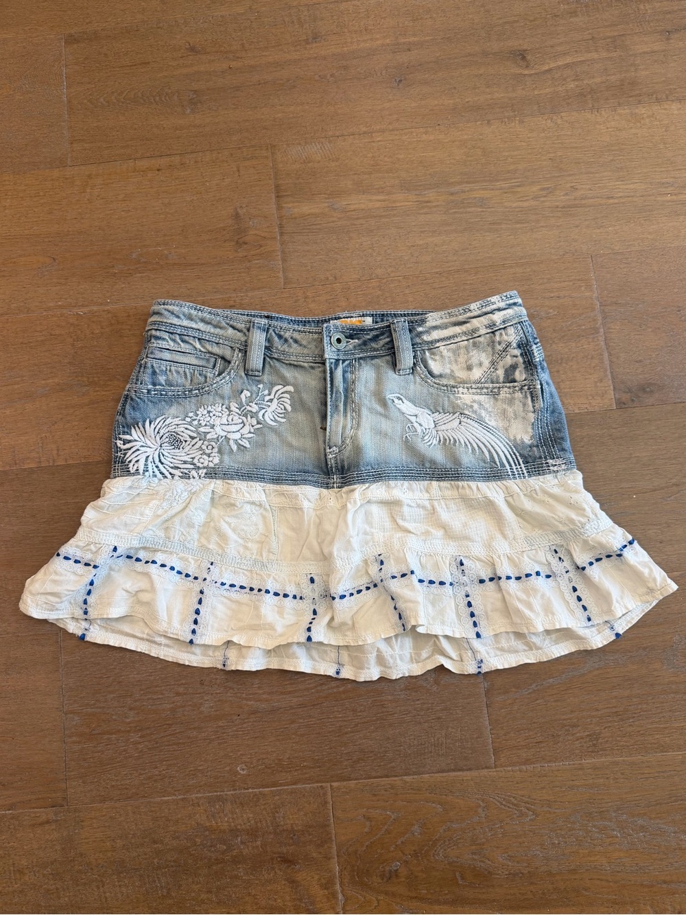 Antik Denim - Vintage Denim Mini with Embroidery and White Ruffle - 27